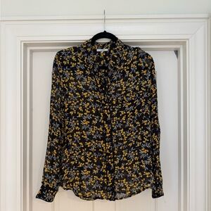 Ganni Sheer Blouse. Black & Yellow Floral Print. Sz 36 (US 4).